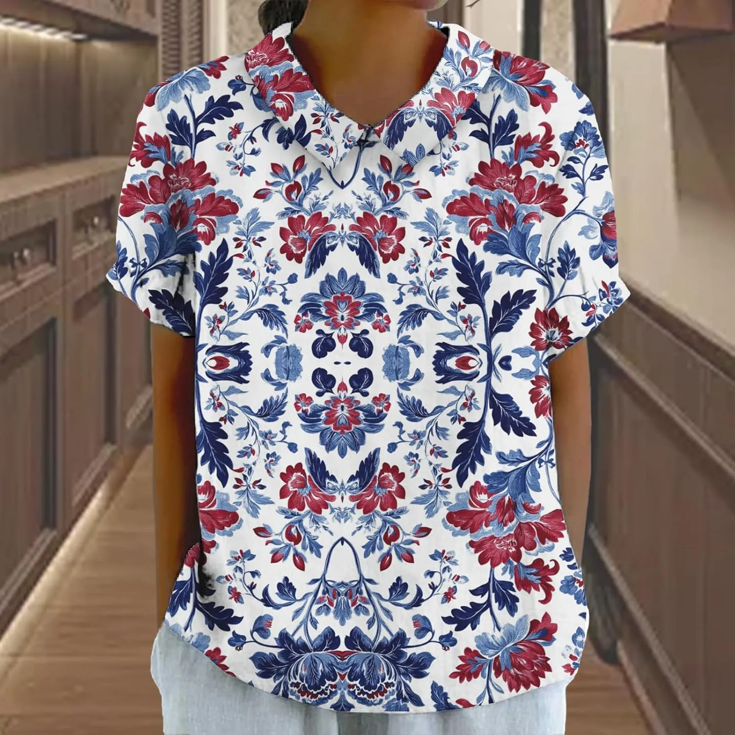Womens Floral Tshirt Shirts Boho Summer Tops Short Sleeve Collared Fashion Linen Cotton Blouses Graphic Tees