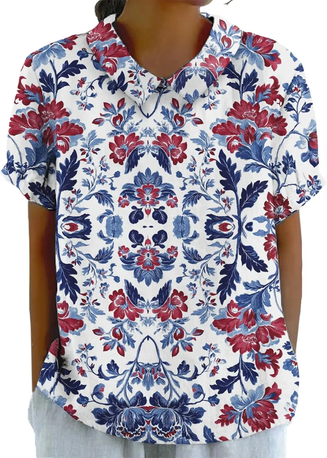 Womens Floral Tshirt Shirts Boho Summer Tops Short Sleeve Collared Fashion Linen Cotton Blouses Graphic Tees