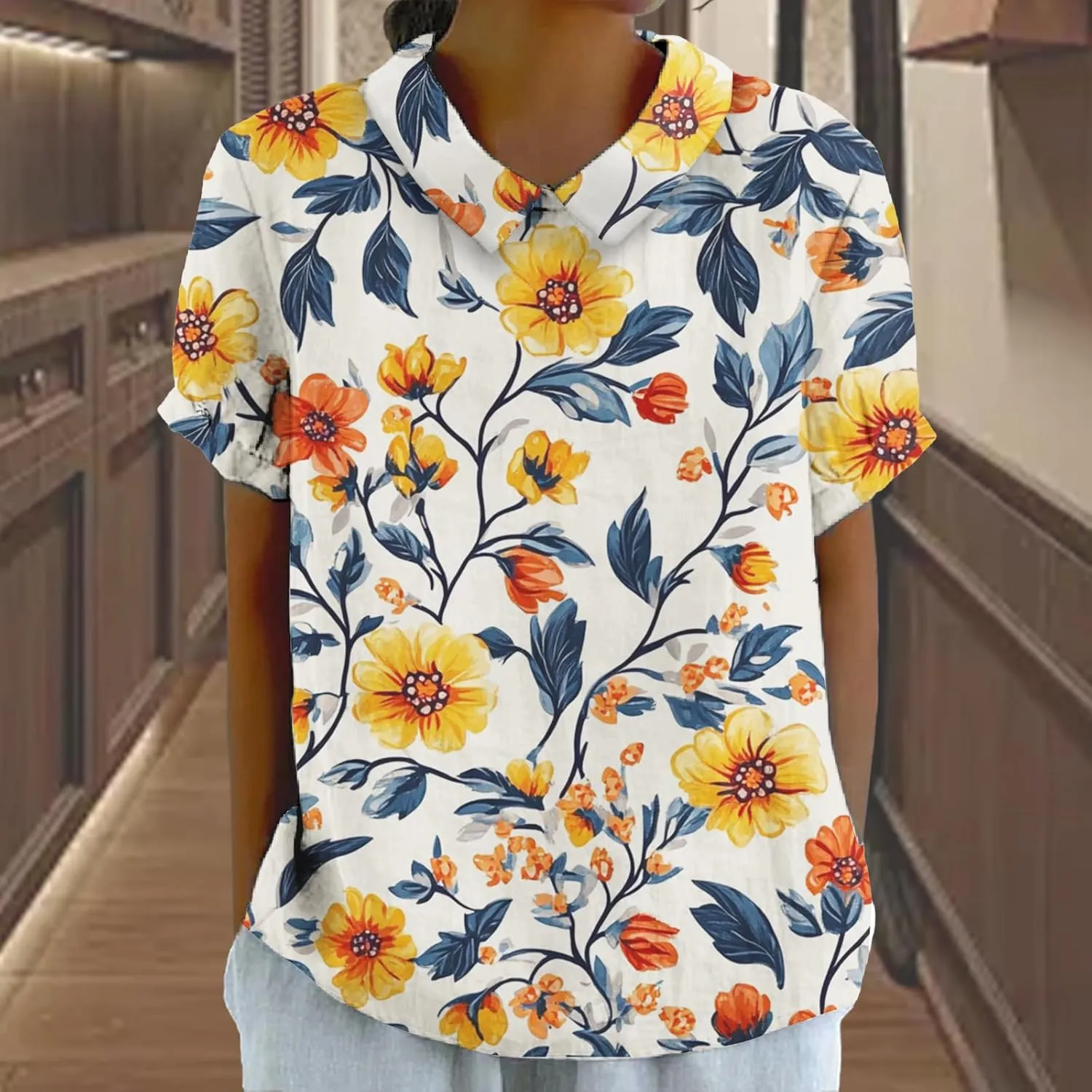 Womens Floral Tshirt Shirts Boho Summer Tops Short Sleeve Collared Fashion Linen Cotton Blouses Graphic Tees