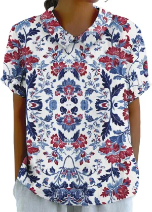 Womens Floral Tshirt Shirts Boho Summer Tops Short Sleeve Collared Fashion Linen Cotton Blouses Graphic Tees