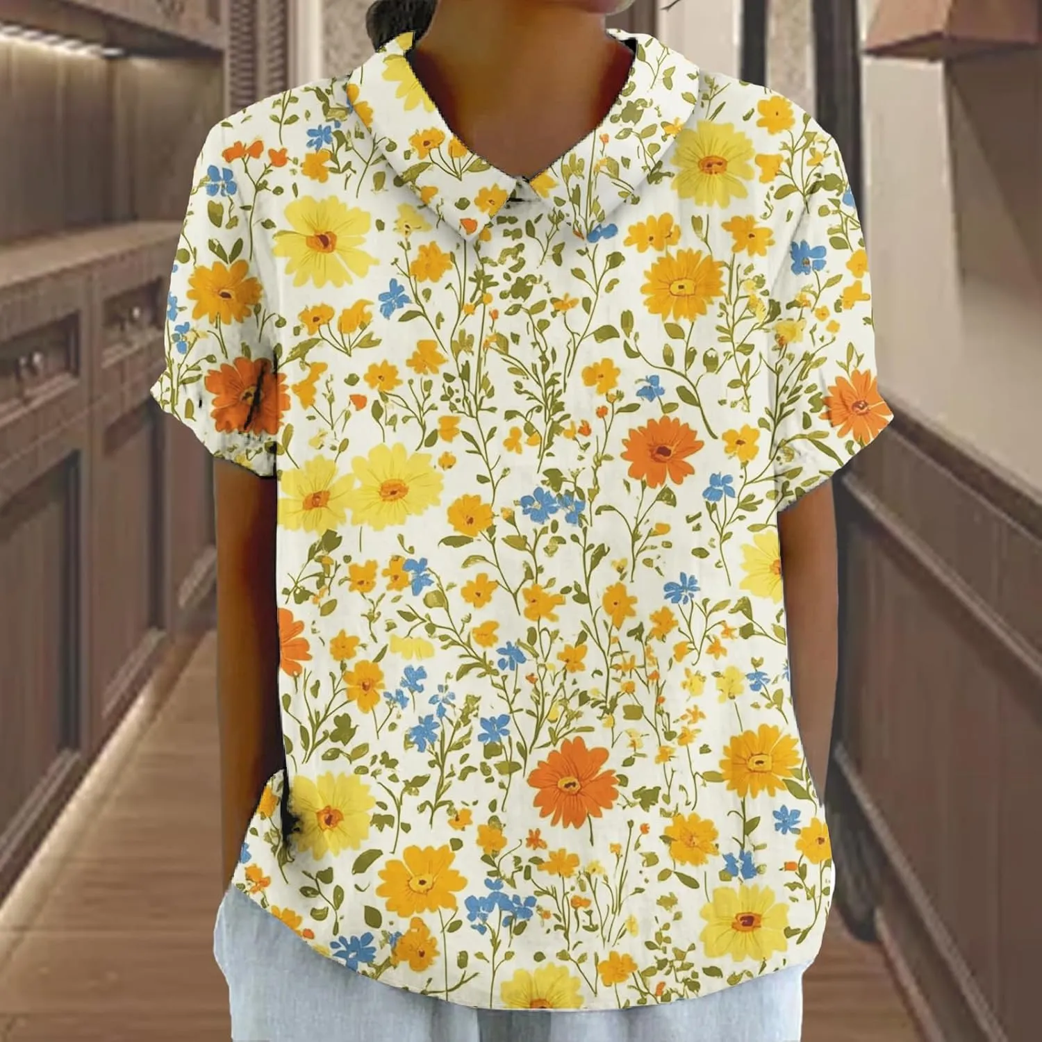 Womens Floral Tshirt Shirts Boho Summer Tops Short Sleeve Collared Fashion Linen Cotton Blouses Graphic Tees