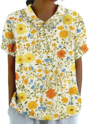 Womens Floral Tshirt Shirts Boho Summer Tops Short Sleeve Collared Fashion Linen Cotton Blouses Graphic Tees