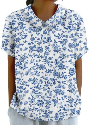 Womens Floral Tshirt Shirts Boho Summer Tops Short Sleeve Collared Fashion Linen Cotton Blouses Graphic Tees