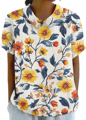 Womens Floral Tshirt Shirts Boho Summer Tops Short Sleeve Collared Fashion Linen Cotton Blouses Graphic Tees