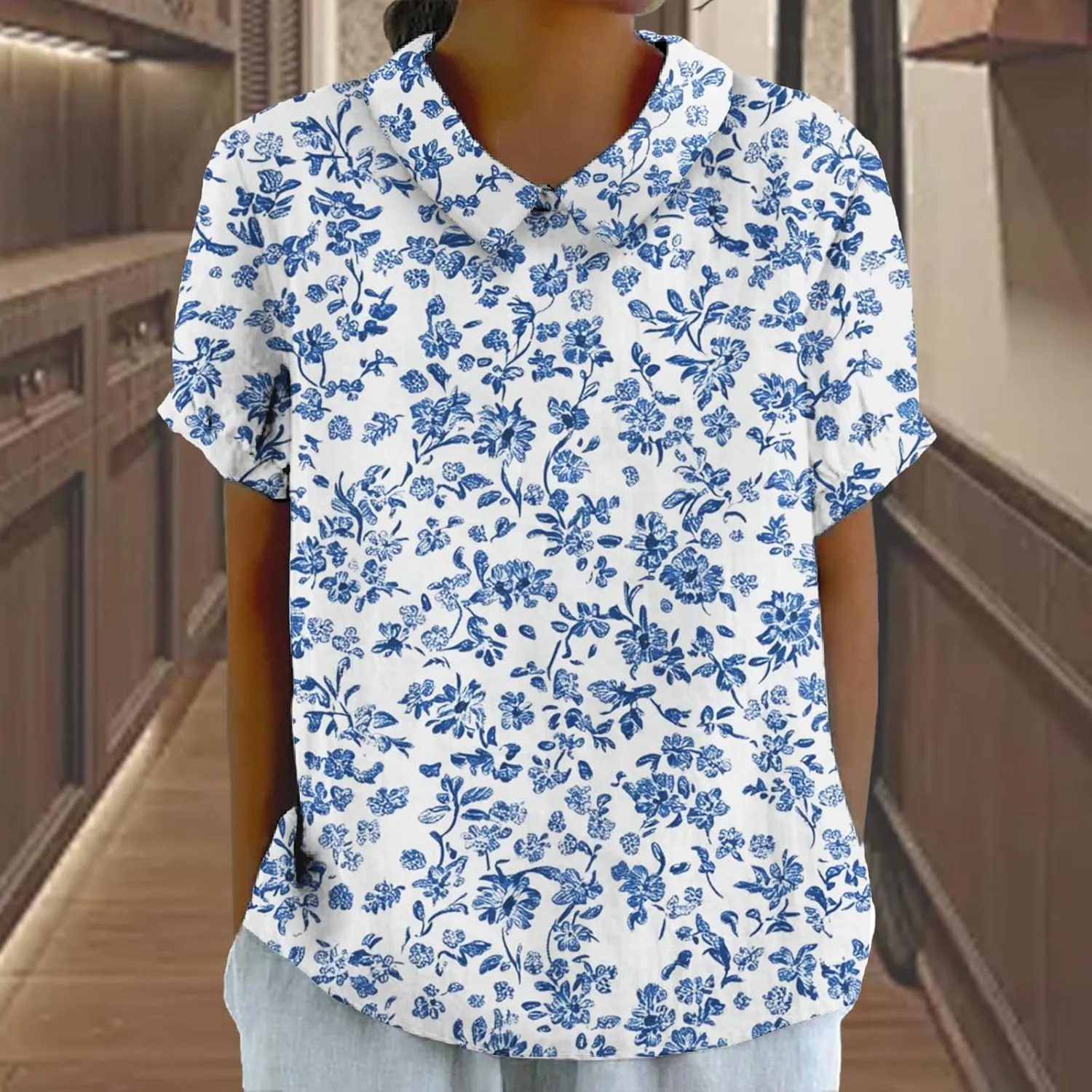 Womens Floral Tshirt Shirts Boho Summer Tops Short Sleeve Collared Fashion Linen Cotton Blouses Graphic Tees