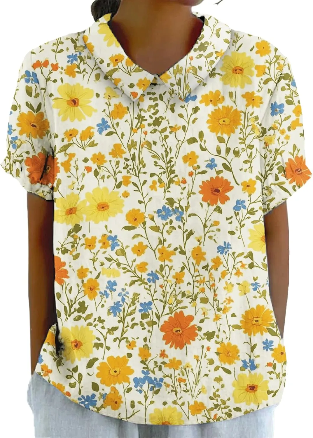 Womens Floral Tshirt Shirts Boho Summer Tops Short Sleeve Collared Fashion Linen Cotton Blouses Graphic Tees