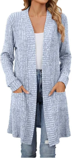 Women's Knit Long Sweater Fall Winter Stripe Textured Solid Color Open Front Crochet Cardigan Long Sleeve Warm Coat