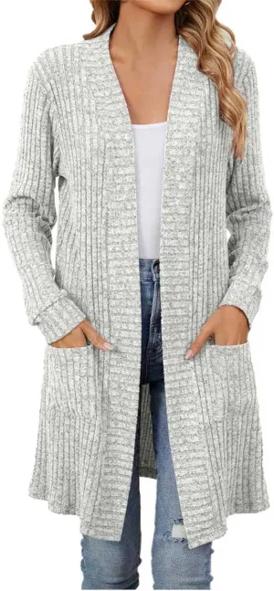 Women's Knit Long Sweater Fall Winter Stripe Textured Solid Color Open Front Crochet Cardigan Long Sleeve Warm Coat