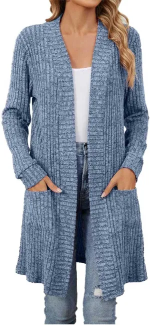 Women's Knit Long Sweater Fall Winter Stripe Textured Solid Color Open Front Crochet Cardigan Long Sleeve Warm Coat