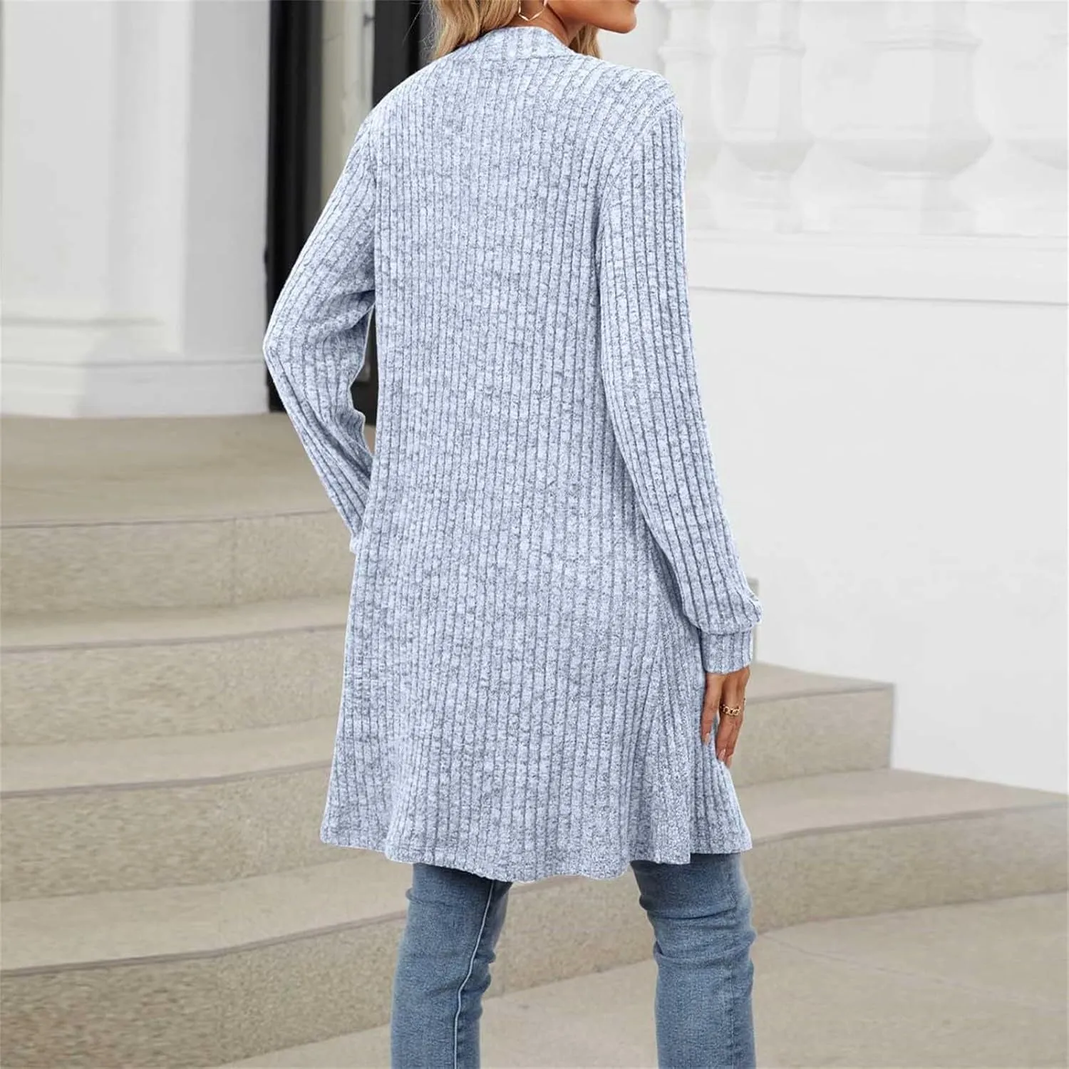 Women's Knit Long Sweater Fall Winter Stripe Textured Solid Color Open Front Crochet Cardigan Long Sleeve Warm Coat