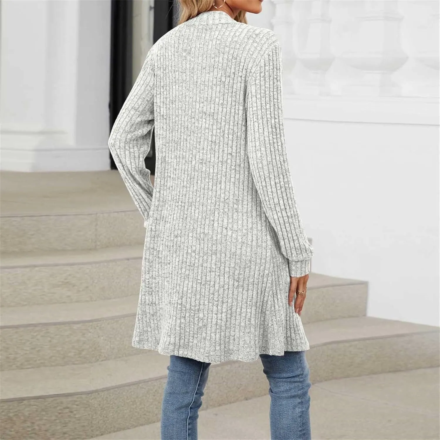 Women's Knit Long Sweater Fall Winter Stripe Textured Solid Color Open Front Crochet Cardigan Long Sleeve Warm Coat