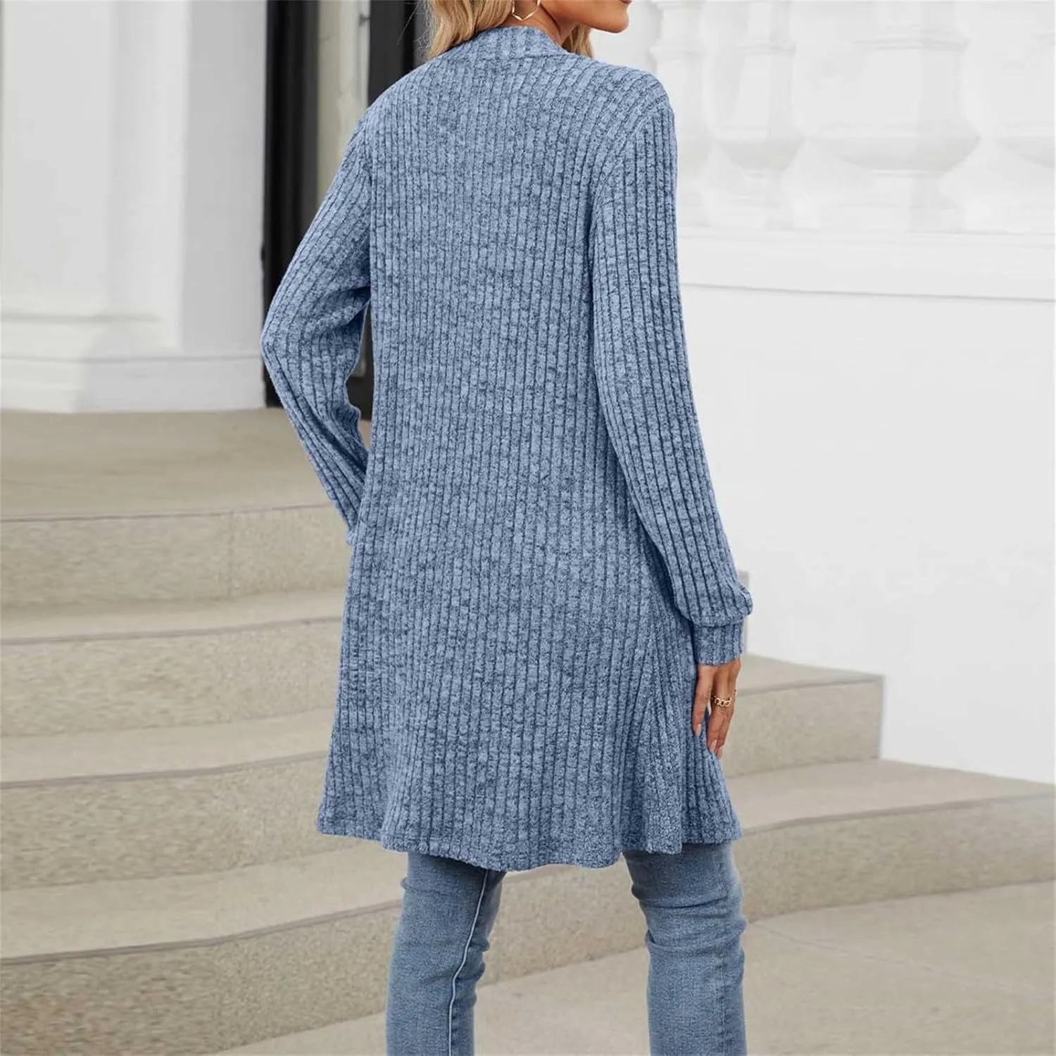 Women's Knit Long Sweater Fall Winter Stripe Textured Solid Color Open Front Crochet Cardigan Long Sleeve Warm Coat