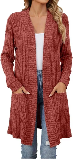 Women's Knit Long Sweater Fall Winter Stripe Textured Solid Color Open Front Crochet Cardigan Long Sleeve Warm Coat