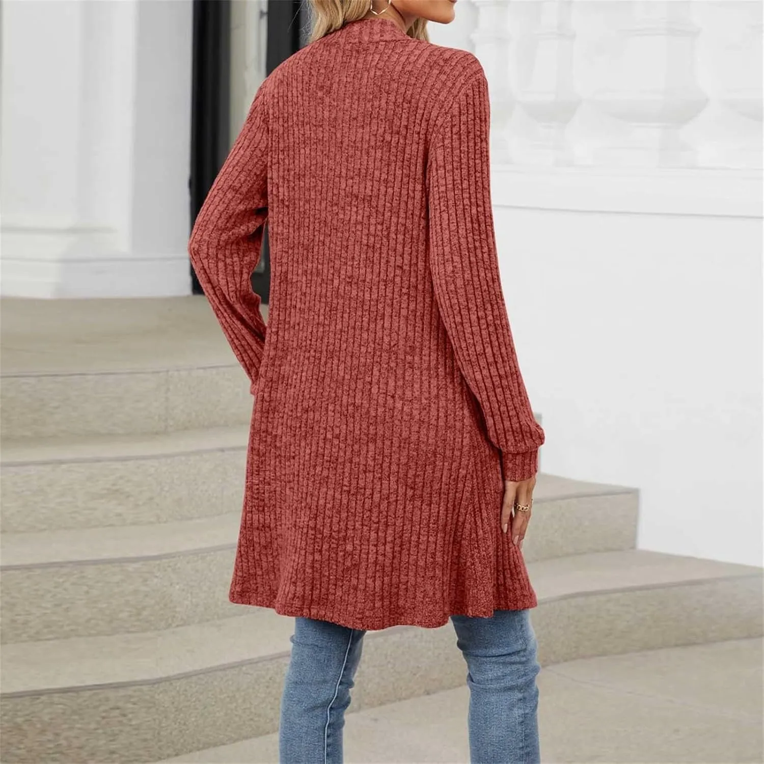 Women's Knit Long Sweater Fall Winter Stripe Textured Solid Color Open Front Crochet Cardigan Long Sleeve Warm Coat