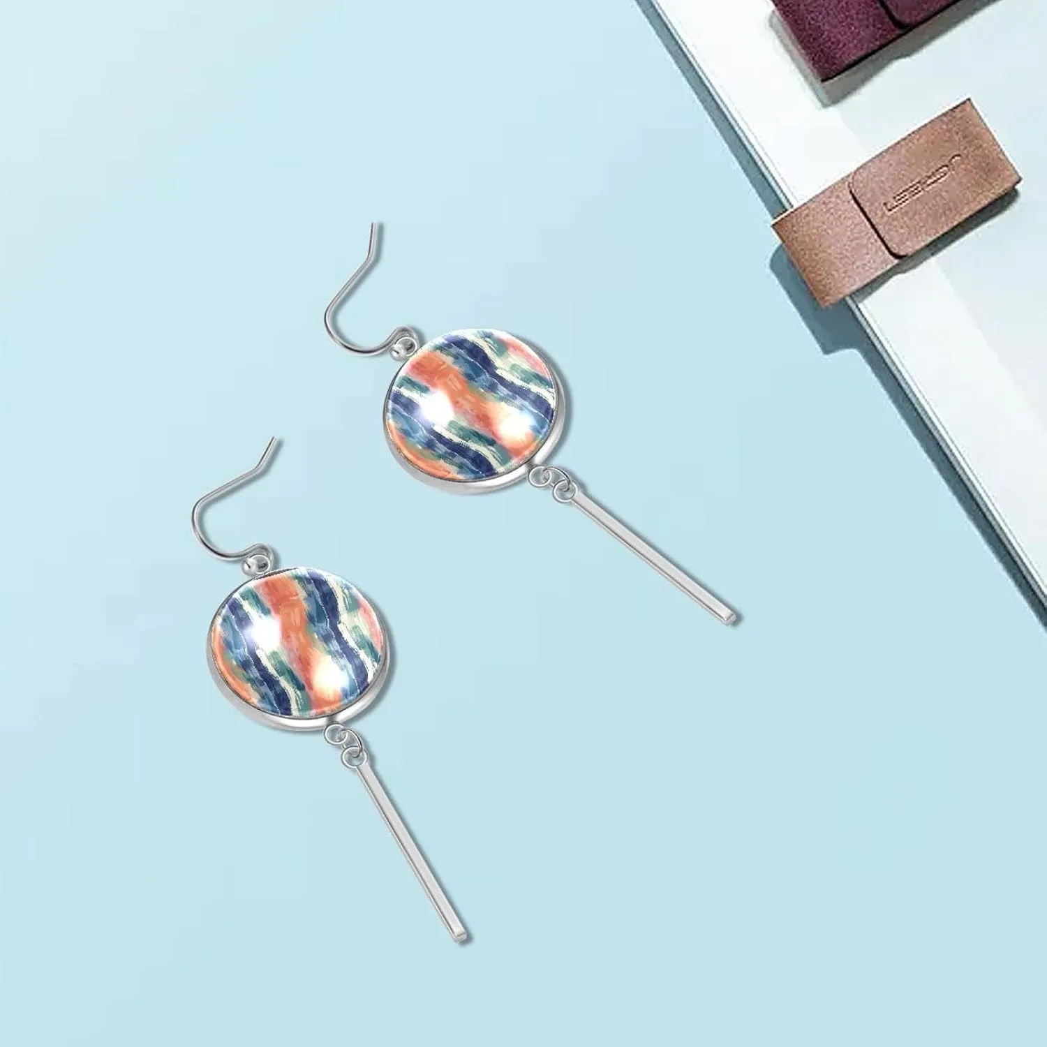 Womens Lightweight Drop and Dangle Earrings, Stainless Steel Round Hoop Earrings Pendant Earrings Long Vertical Bar Dangle Earrings - Aesthetic Watercolor Flowers