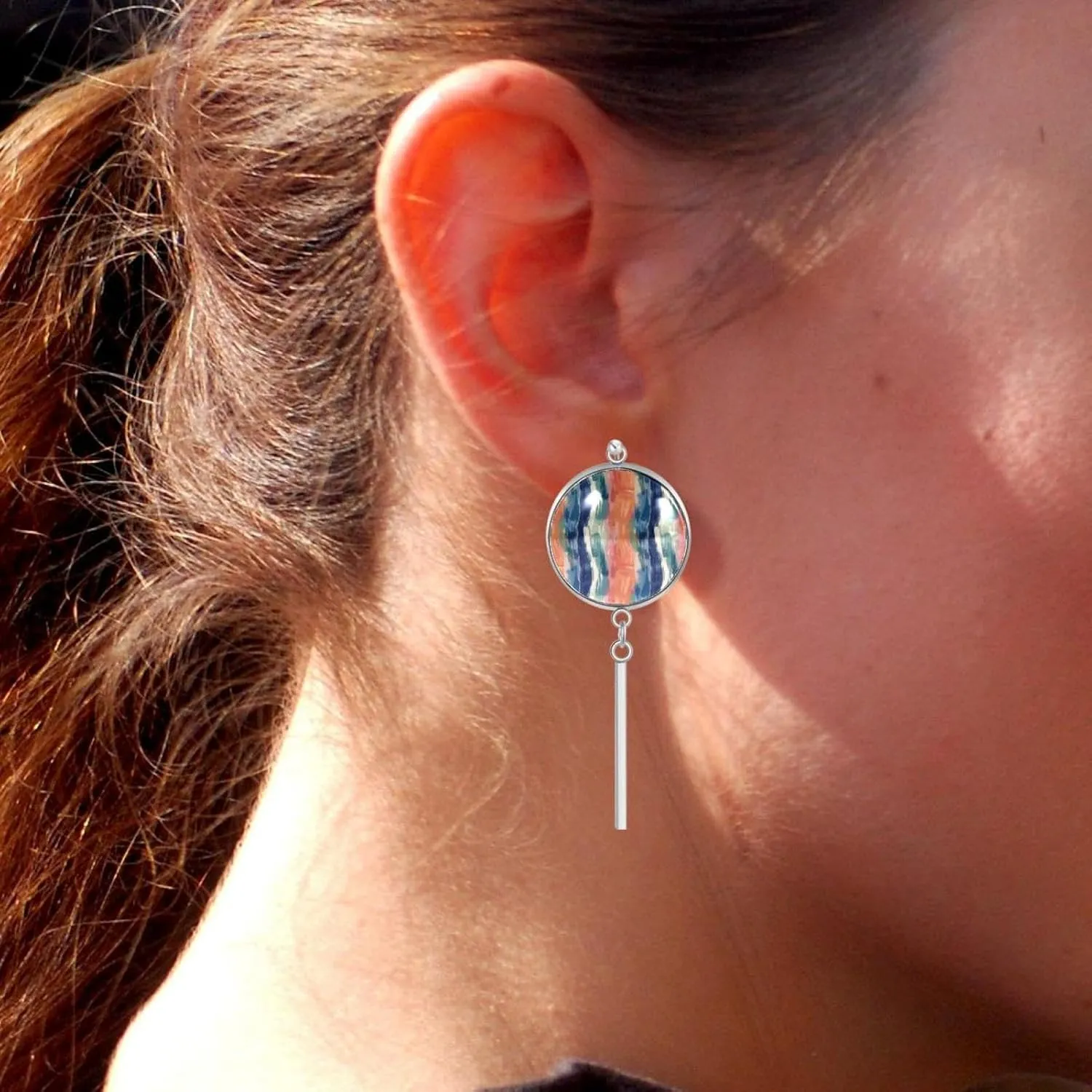 Womens Lightweight Drop and Dangle Earrings, Stainless Steel Round Hoop Earrings Pendant Earrings Long Vertical Bar Dangle Earrings - Aesthetic Watercolor Flowers