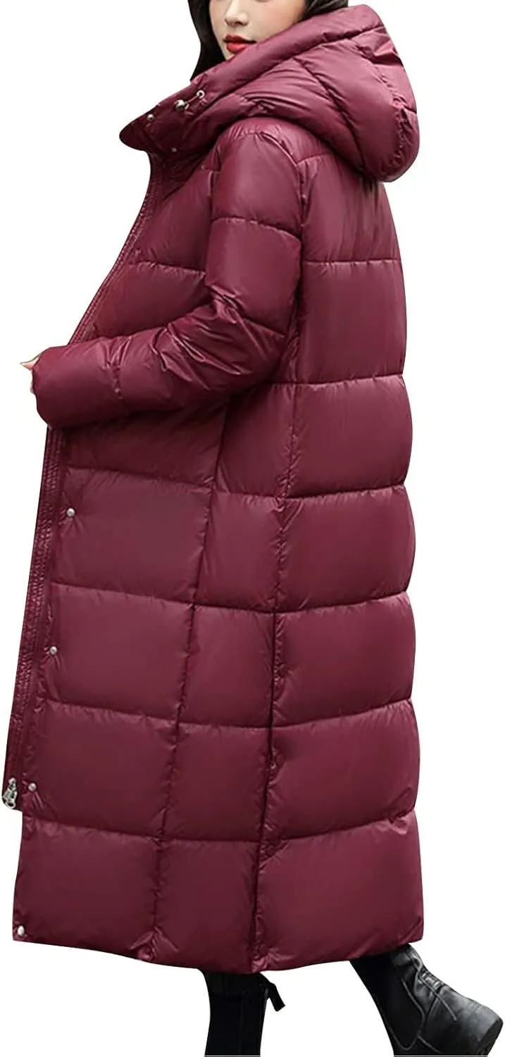 Women's Long Quilted Down Jacket Winter Thickened Hooded Zip Up Thermal Maxi Length Outwear Windproof Puffer Jackets