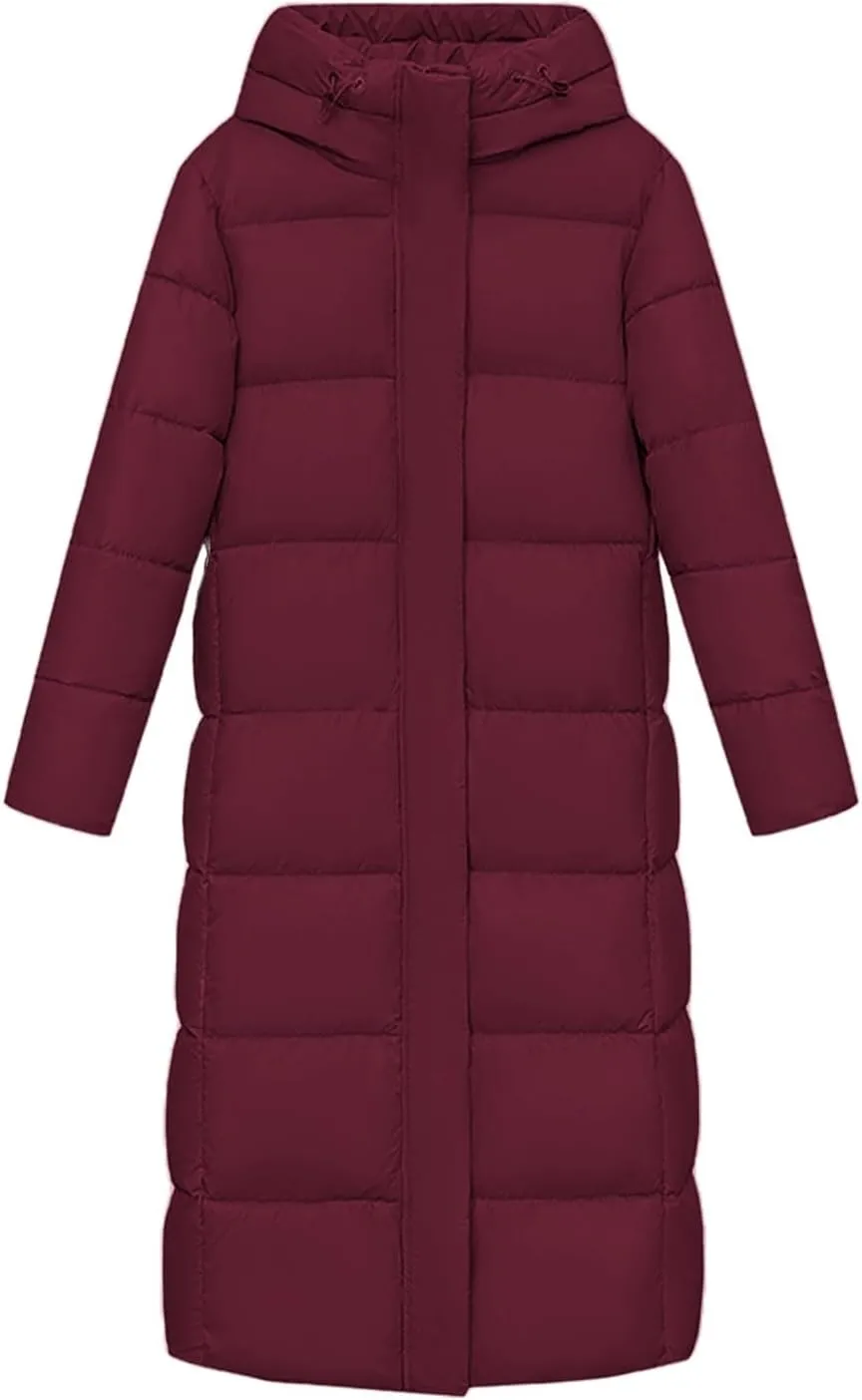 Women's Long Quilted Down Jacket Winter Thickened Hooded Zip Up Thermal Maxi Length Outwear Windproof Puffer Jackets