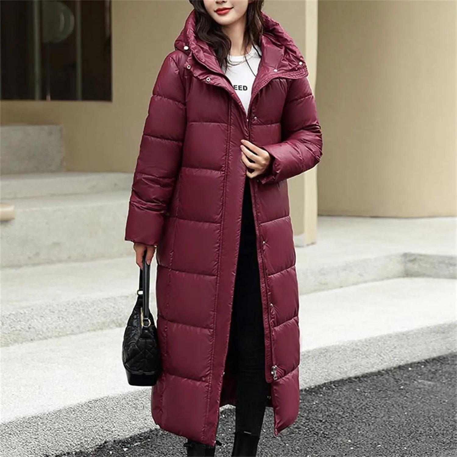 Women's Long Quilted Down Jacket Winter Thickened Hooded Zip Up Thermal Maxi Length Outwear Windproof Puffer Jackets