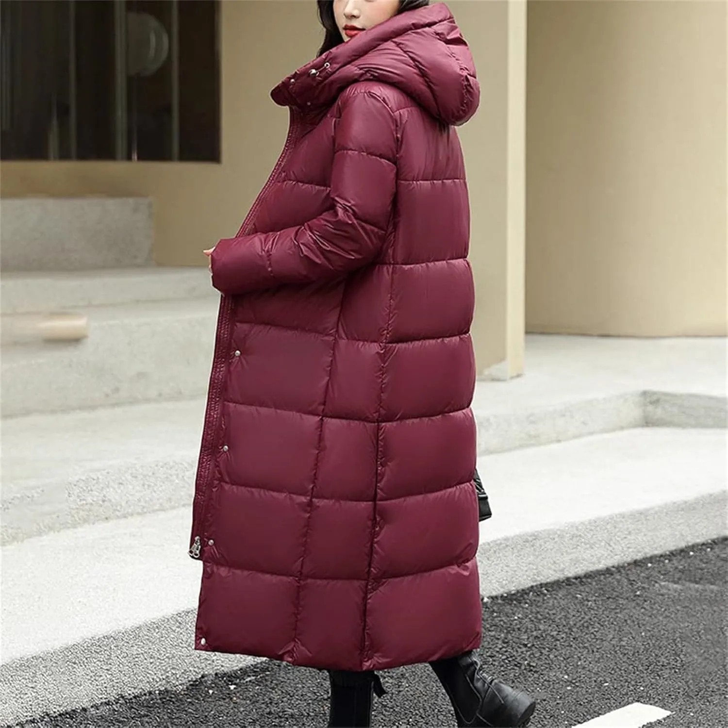 Women's Long Quilted Down Jacket Winter Thickened Hooded Zip Up Thermal Maxi Length Outwear Windproof Puffer Jackets
