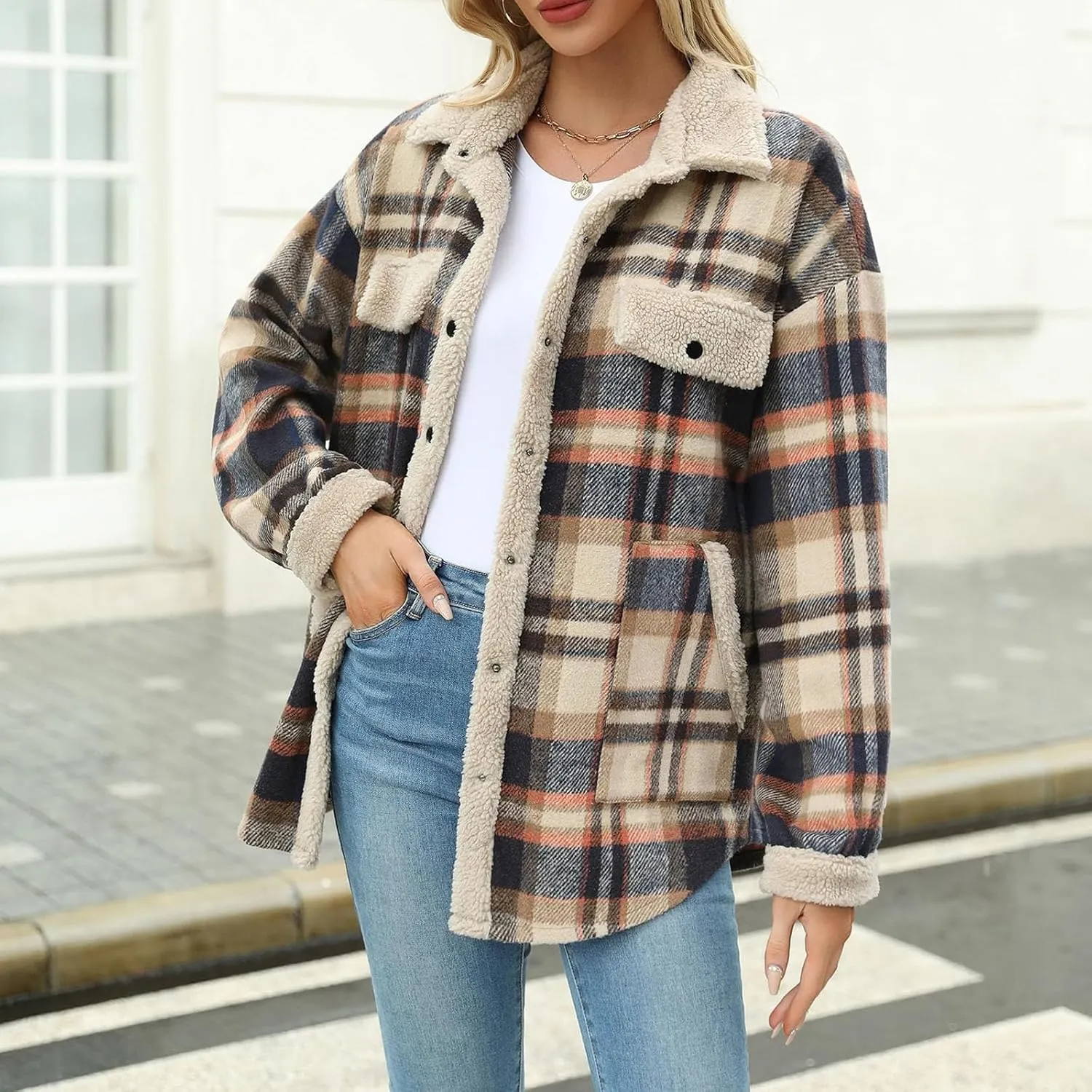 Womens Long Sleeve Plaid Jacket Flannel Lapel Button Down Fuzzy Shacket Jacket Casual Lapel Fleece Coats Fall Outfits