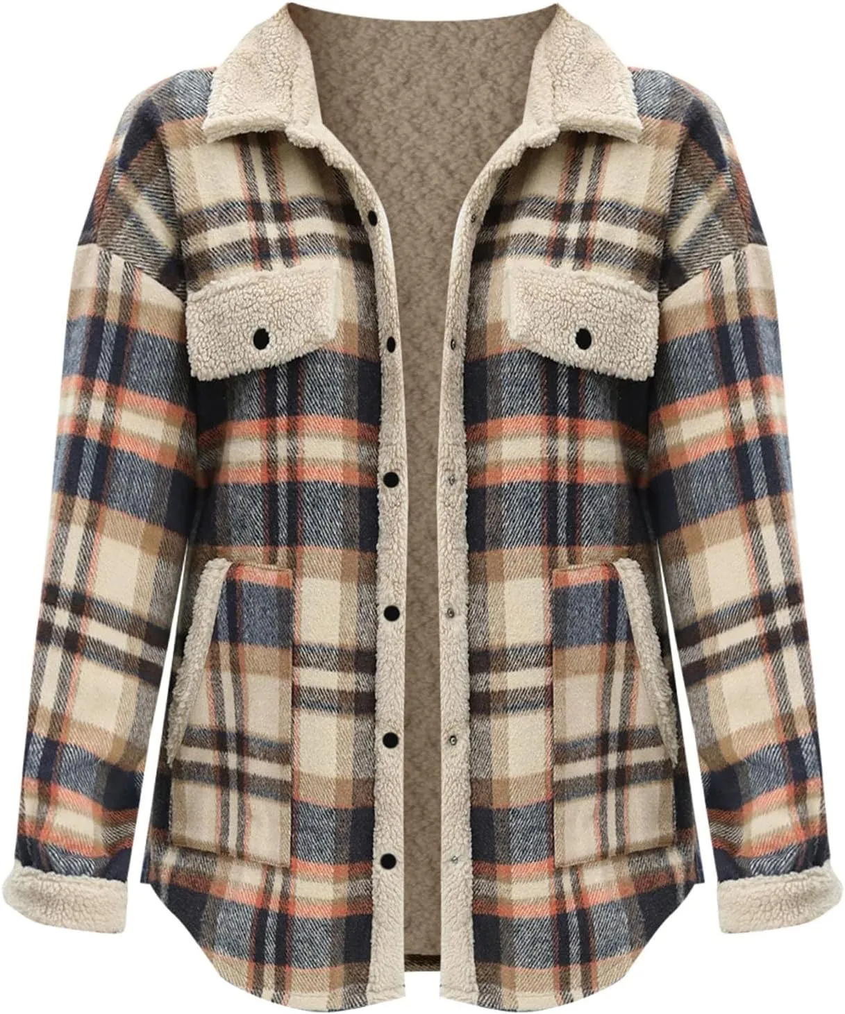 Womens Long Sleeve Plaid Jacket Flannel Lapel Button Down Fuzzy Shacket Jacket Casual Lapel Fleece Coats Fall Outfits