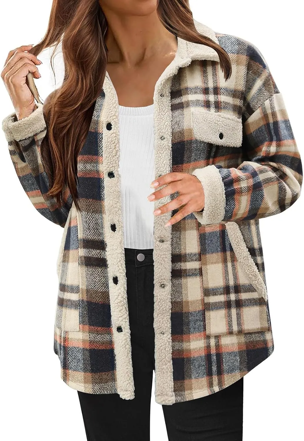 Womens Long Sleeve Plaid Jacket Flannel Lapel Button Down Fuzzy Shacket Jacket Casual Lapel Fleece Coats Fall Outfits