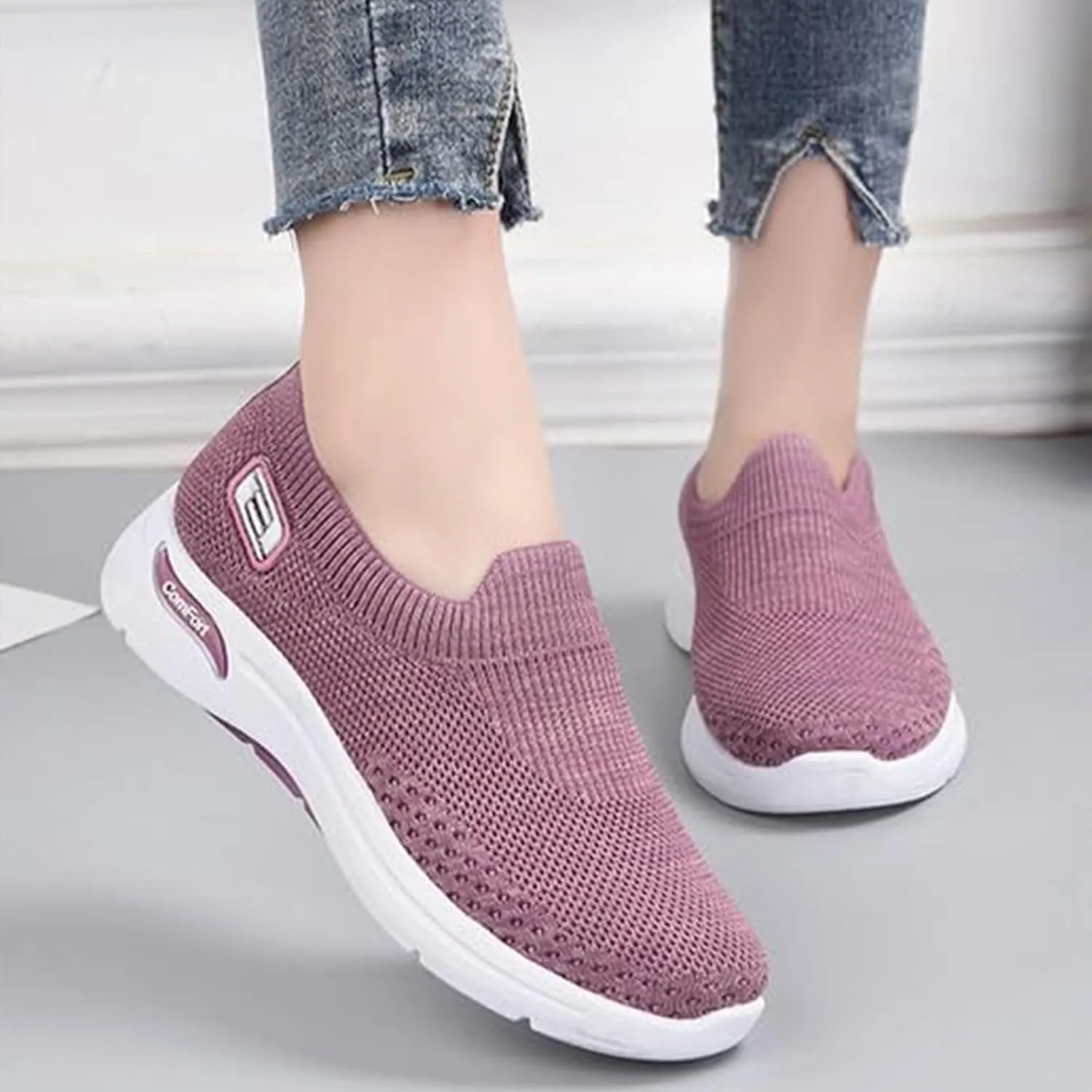Women's Orthopedic Shoes Lightweight Breathable Knitted Sneakers Casual Comfortable Low Top Work Walking Shoes Fashion Soft Sole Slip On Sneaker with Arch Support