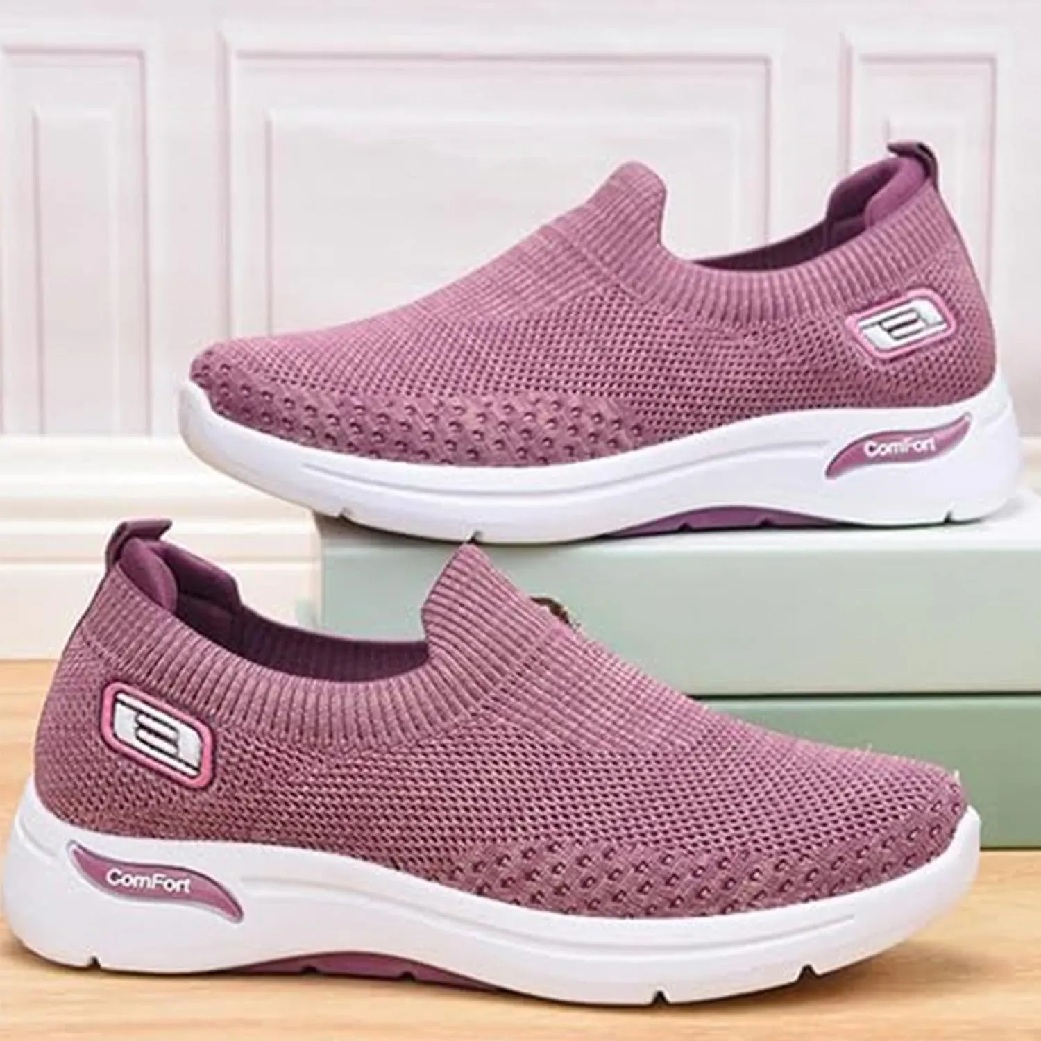 Women's Orthopedic Shoes Lightweight Breathable Knitted Sneakers Casual Comfortable Low Top Work Walking Shoes Fashion Soft Sole Slip On Sneaker with Arch Support