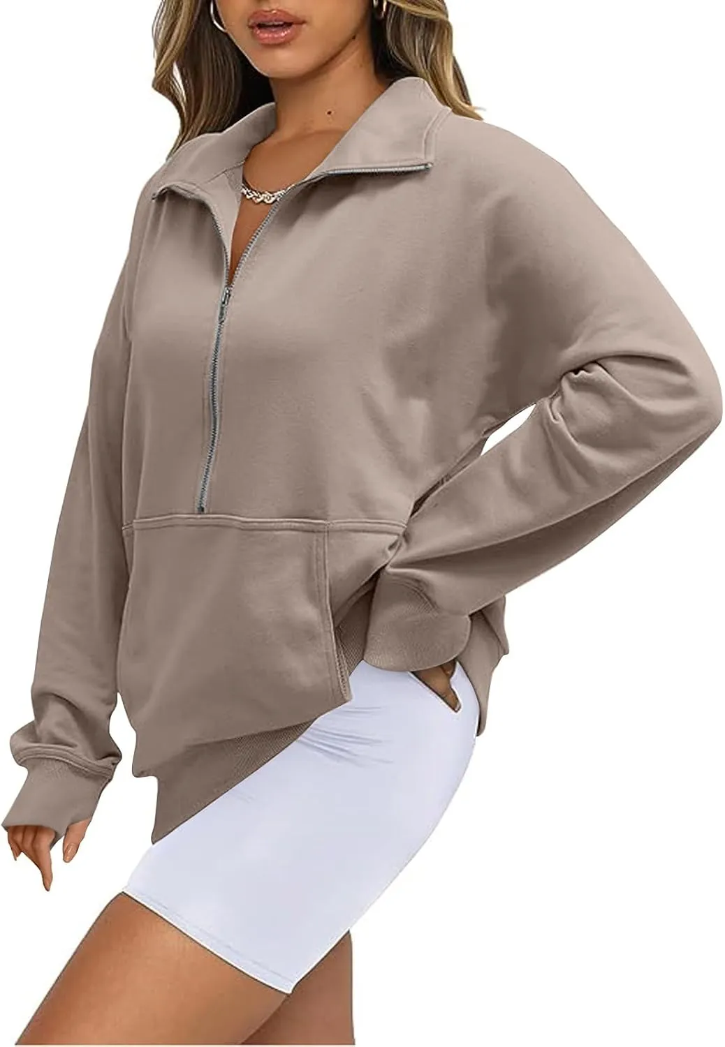 Womens Oversized Half Zip Cropped Sweatshirt 2024 Fall Fashion 1/4 Zip Pullover Preppy Thumb Hole Tops With Pocket
