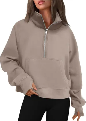 Womens Oversized Half Zip Cropped Sweatshirt 2024 Fall Fashion 1/4 Zip Pullover Preppy Thumb Hole Tops With Pocket