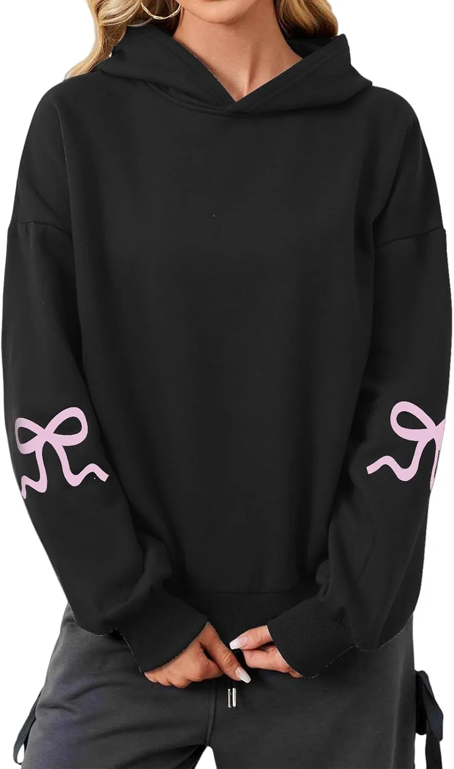 Women's Oversized Hoodies Bow Trim Print Fleeced Hooded Sweatshirts Oversized Long Sleeve Drop Shoulder Pullover Top