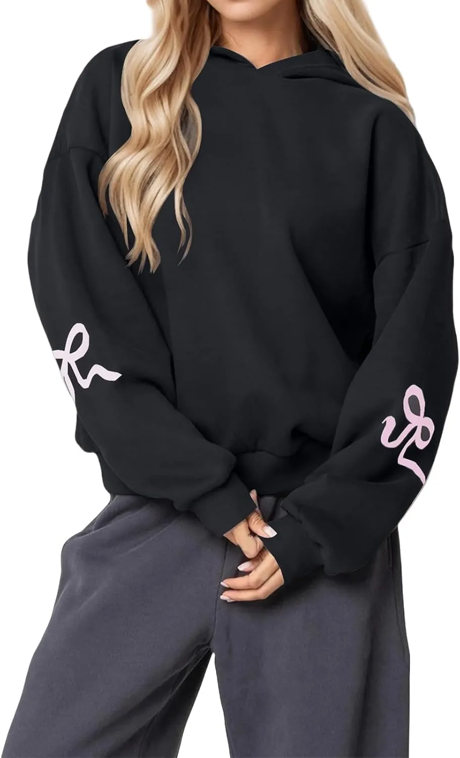 Women's Oversized Hoodies Bow Trim Print Fleeced Hooded Sweatshirts Oversized Long Sleeve Drop Shoulder Pullover Top