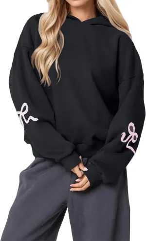 Women's Oversized Hoodies Bow Trim Print Fleeced Hooded Sweatshirts Oversized Long Sleeve Drop Shoulder Pullover Top