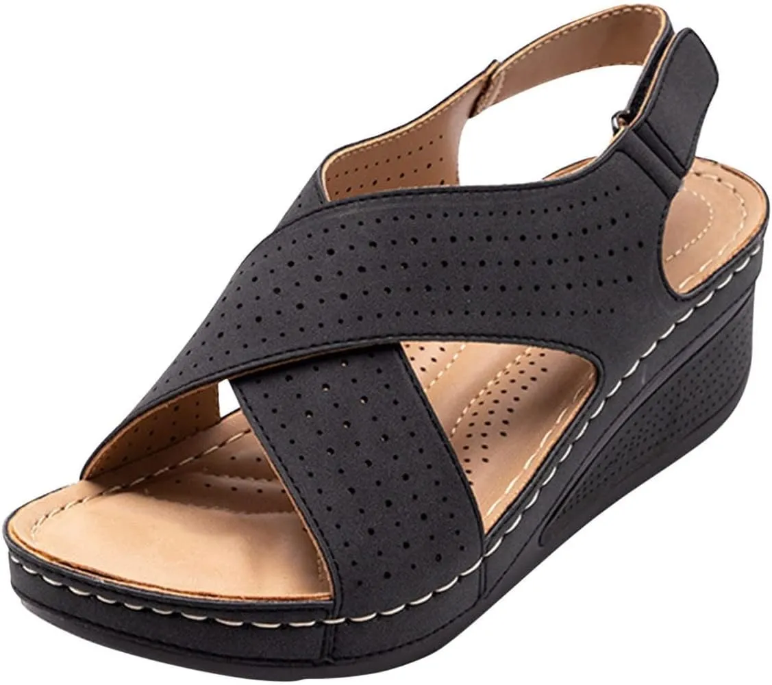 Women's Platform Wedge Sandal Open Toe Crisscross Summer Walking Shoes Flat Feet Open Toe Buckle Strap Beach Ladies Shoes
