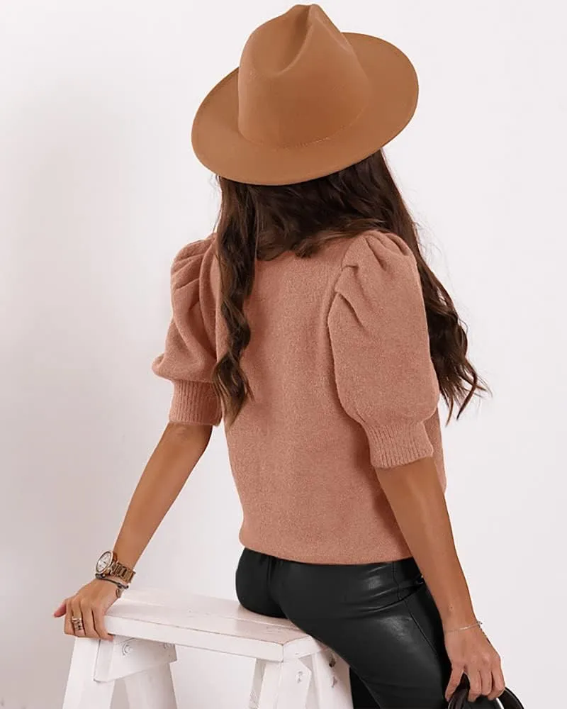 Women's Puff Short Sleeve Sweater Tops 2025 Spring Summer Trendy Crew Neck Casual T Shirts Blouses
