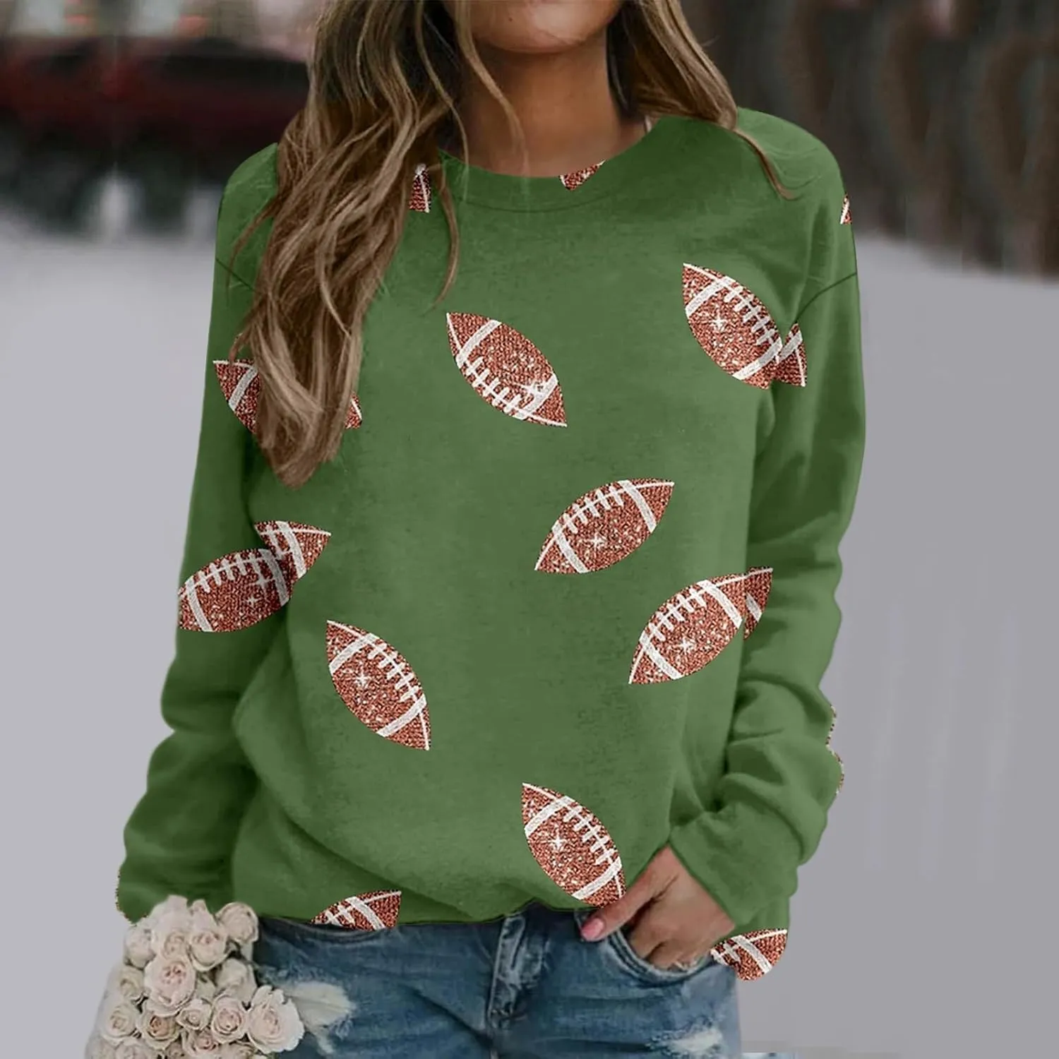 Womens Rugby Print Sweatshirt Casual Loose Crewneck Long Sleeve Drop Shoulder Pullovers Regular Fit Loose Active Tops