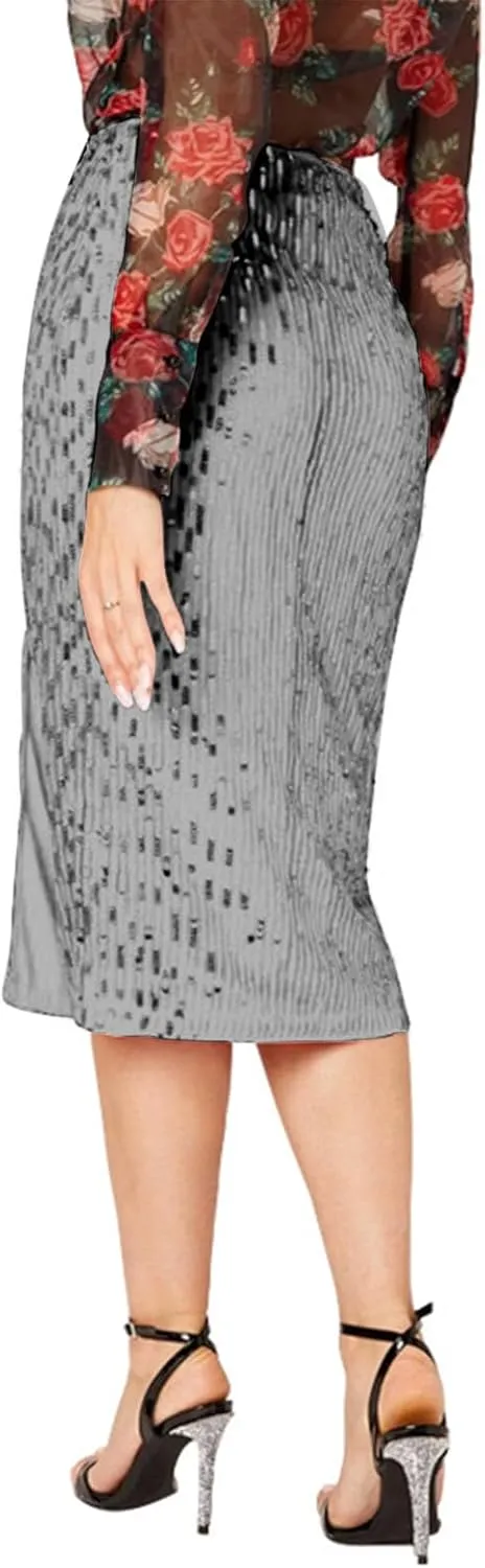 Women's Sequin Midi Skirt, Sexy High Waisted Side Split Bodycon Slim Skirts Fashion Evening Party Sparkly Clothes