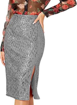 Women's Sequin Midi Skirt, Sexy High Waisted Side Split Bodycon Slim Skirts Fashion Evening Party Sparkly Clothes
