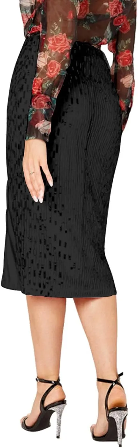 Women's Sequin Midi Skirt, Sexy High Waisted Side Split Bodycon Slim Skirts Fashion Evening Party Sparkly Clothes