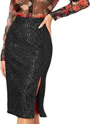 Women's Sequin Midi Skirt, Sexy High Waisted Side Split Bodycon Slim Skirts Fashion Evening Party Sparkly Clothes