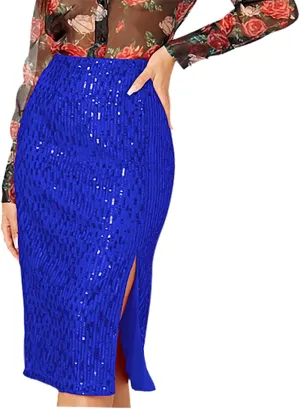 Women's Sequin Midi Skirt, Sexy High Waisted Side Split Bodycon Slim Skirts Fashion Evening Party Sparkly Clothes