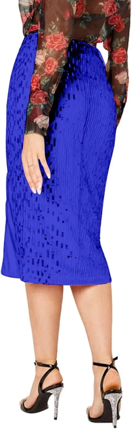 Women's Sequin Midi Skirt, Sexy High Waisted Side Split Bodycon Slim Skirts Fashion Evening Party Sparkly Clothes