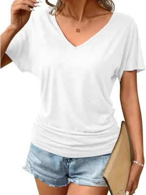 Womens Shirts Fashion Summer V Neck T Shirts Casual Short Sleeve Tops Loose Fit Tees Tops Solid Color Work Blouses