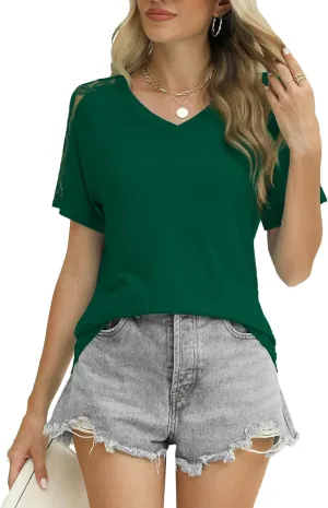 Womens Shirts Spring Summer Plus Size Blouses for Women Tops V Neck Lace Short Sleeve Tees