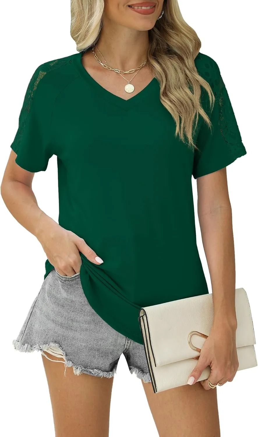 Womens Shirts Spring Summer Plus Size Blouses for Women Tops V Neck Lace Short Sleeve Tees