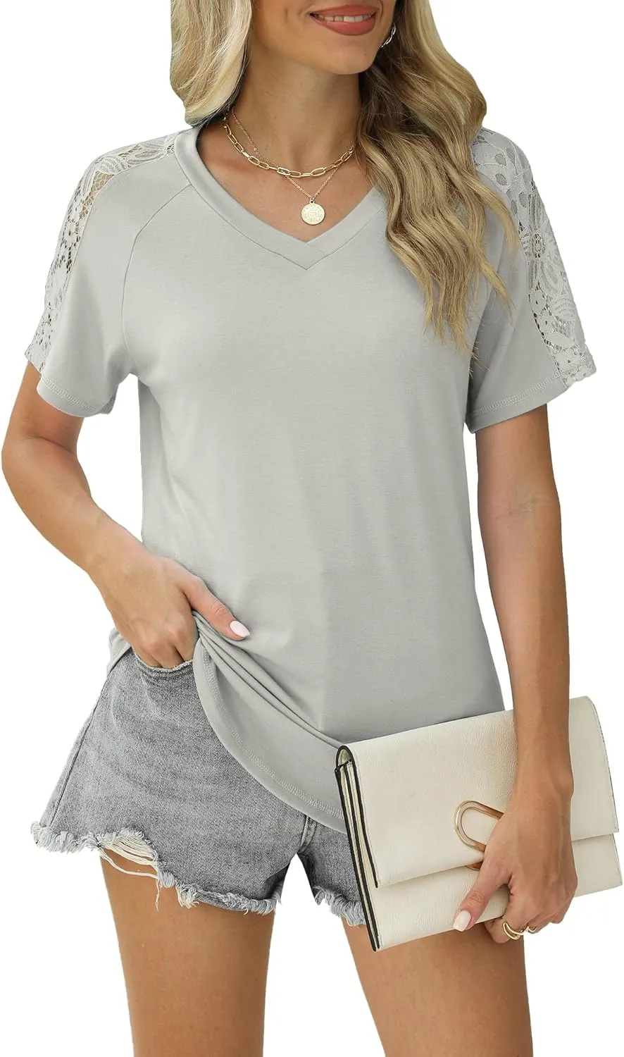 Womens Shirts Spring Summer Plus Size Blouses for Women Tops V Neck Lace Short Sleeve Tees