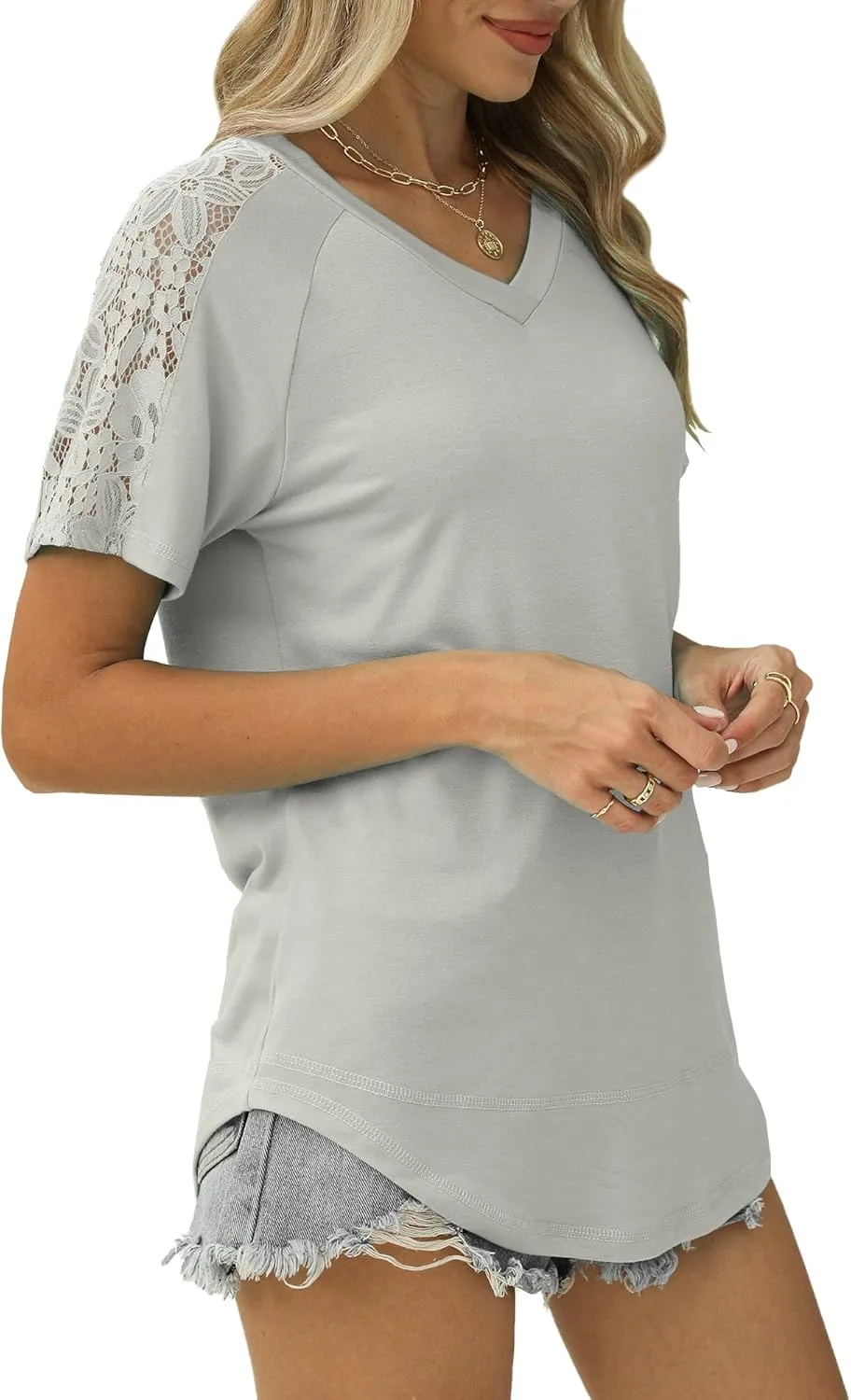 Womens Shirts Spring Summer Plus Size Blouses for Women Tops V Neck Lace Short Sleeve Tees