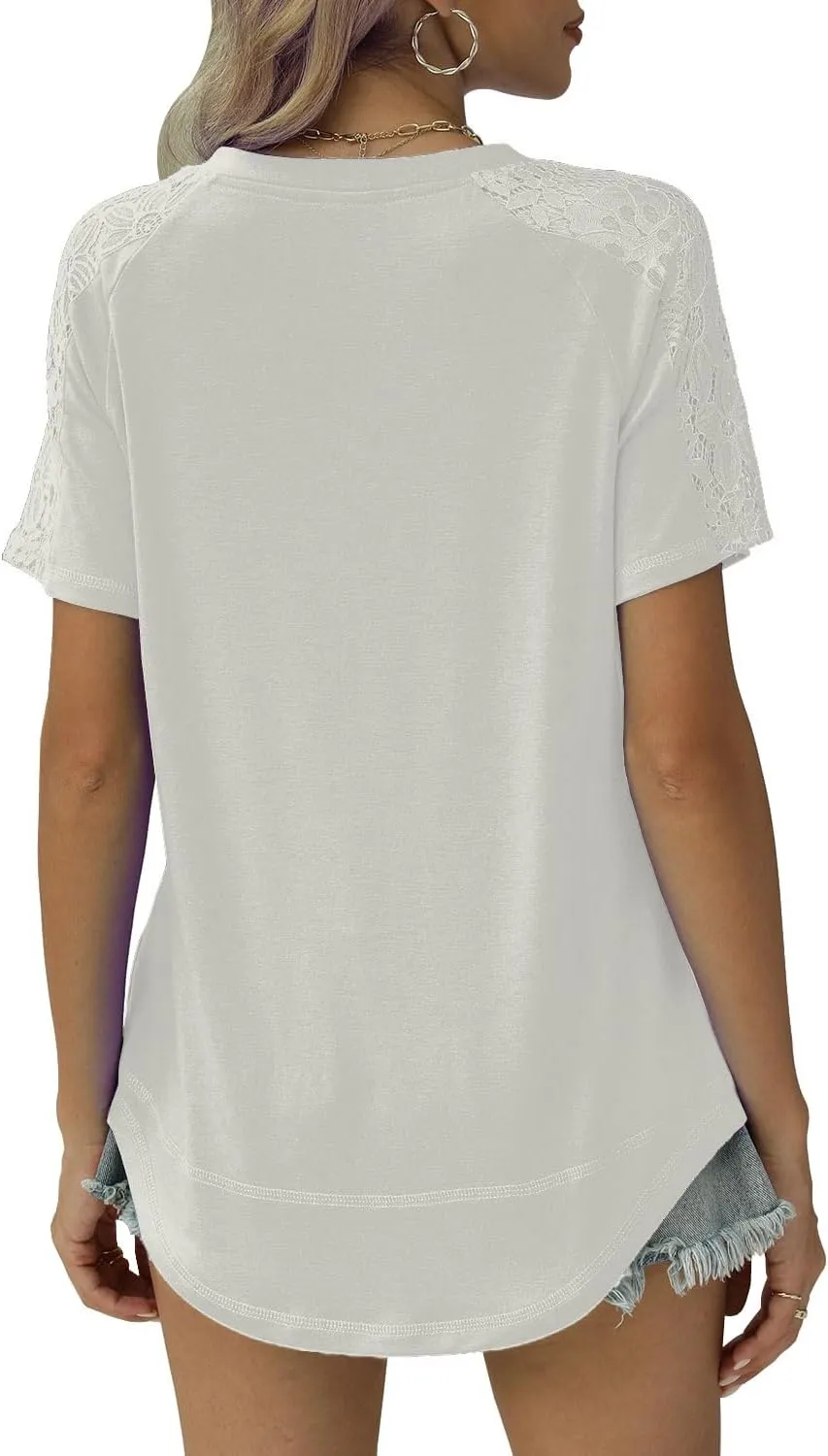 Womens Shirts Spring Summer Plus Size Blouses for Women Tops V Neck Lace Short Sleeve Tees