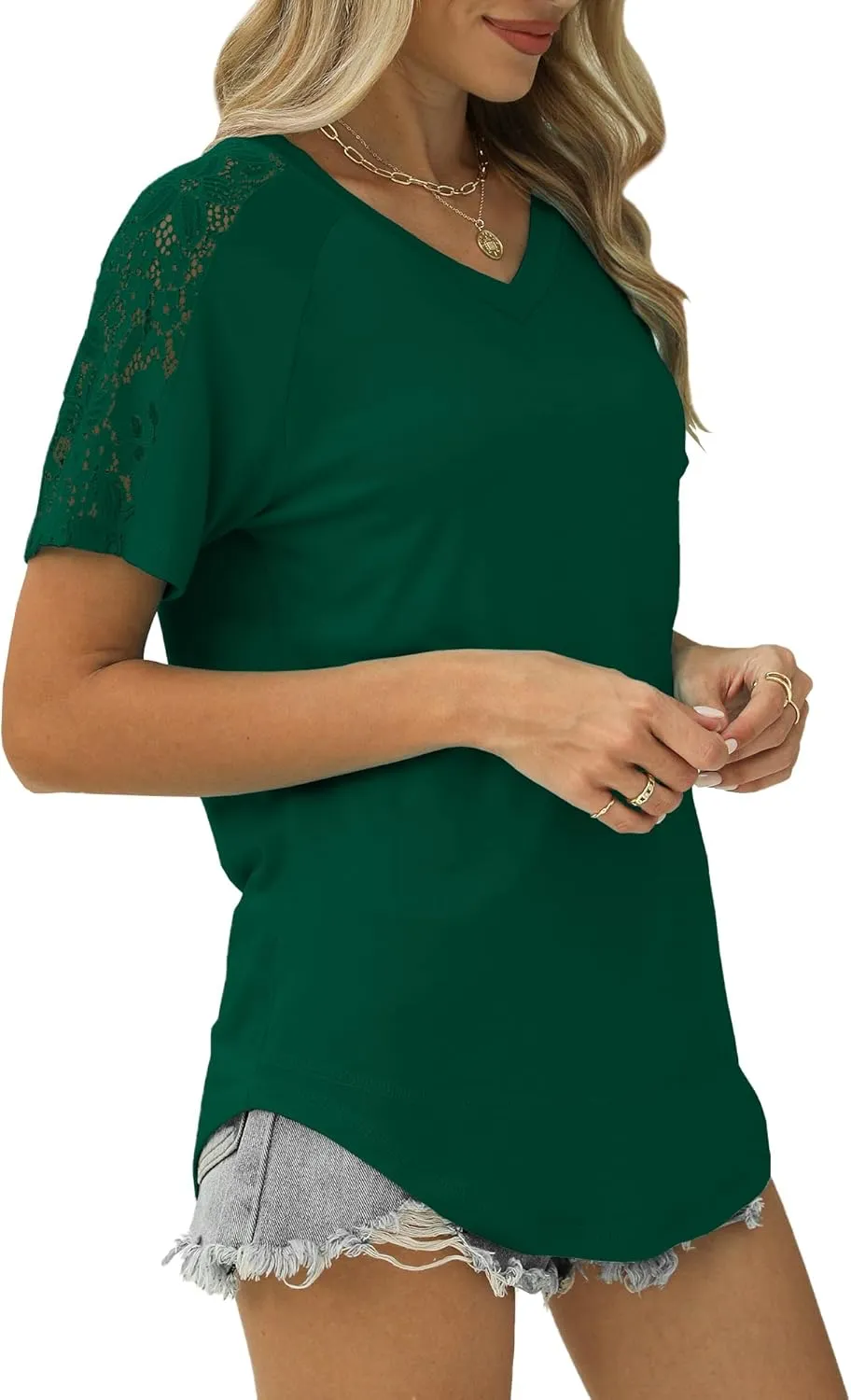 Womens Shirts Spring Summer Plus Size Blouses for Women Tops V Neck Lace Short Sleeve Tees